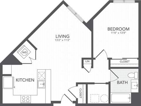 Floor plan for 1 bed, 1 bath, 800 sqft